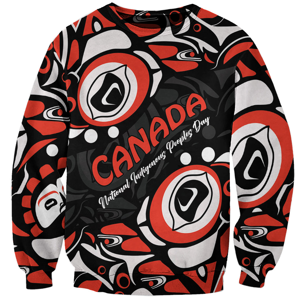 'Canada Indigenous Peoples Day' text on black unisex Haida-pattern sweatshirt