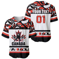 Two white baseball jerseys, one Canada crest front and one 01 back