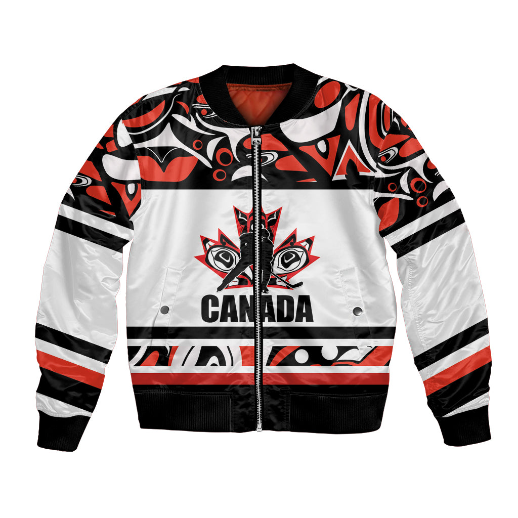 White, black, and red bomber jacket with Canada crest and maple leaf graphic, front zip