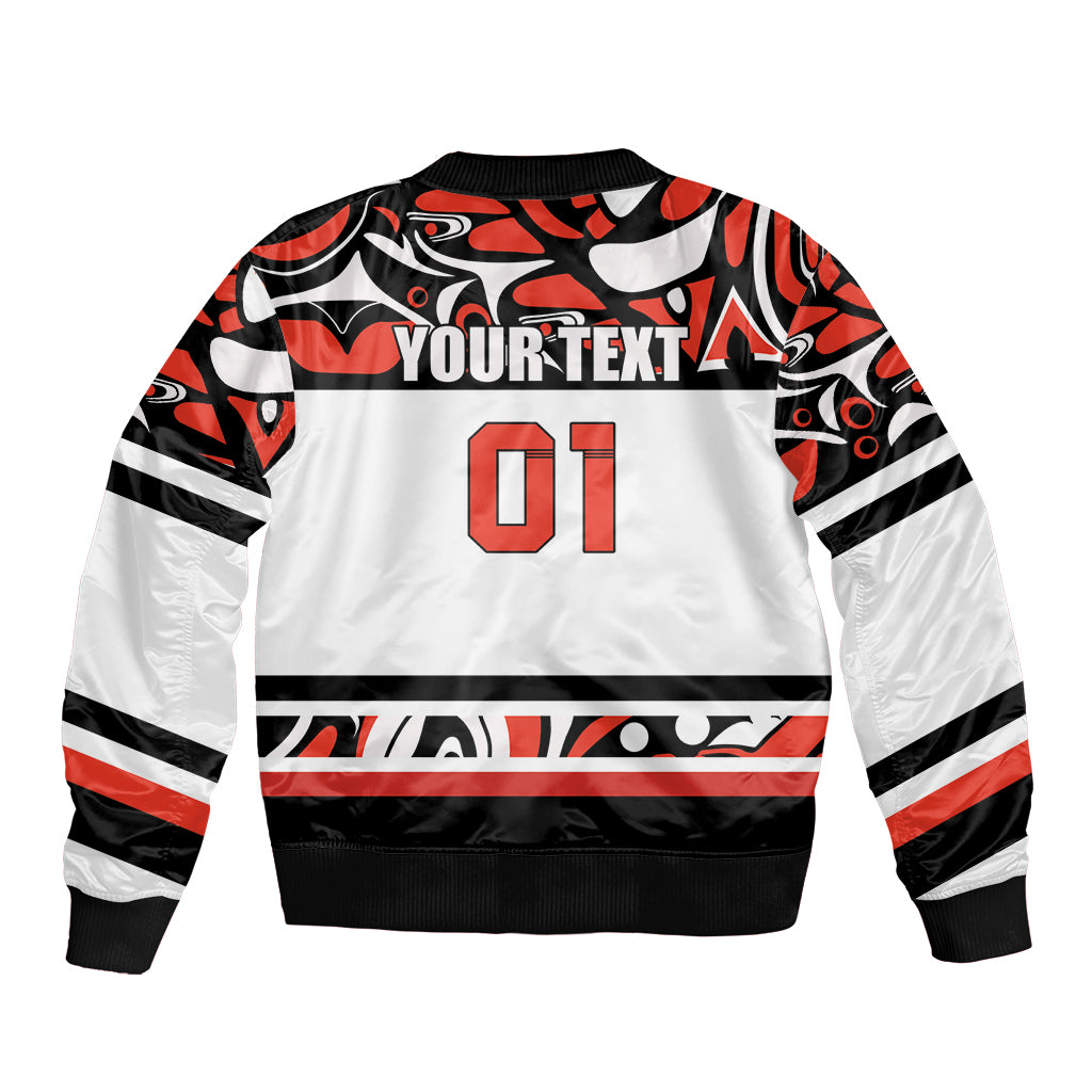 White bomber jacket with red and black stripes, YOURTEXT graphic and number 01, front zip