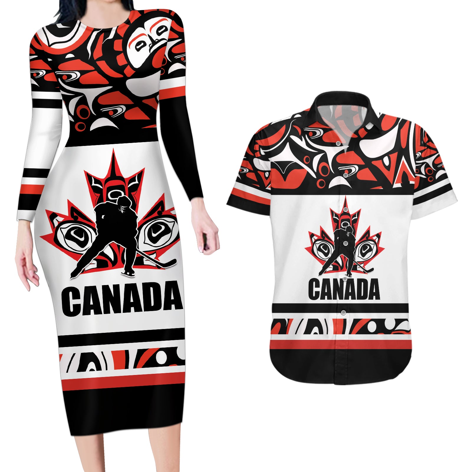 Canada Hockey 2024 Couples Matching Long Sleeve Bodycon Dress and Hawaiian Shirt Haida Maple Leaf - Wonder Print Shop