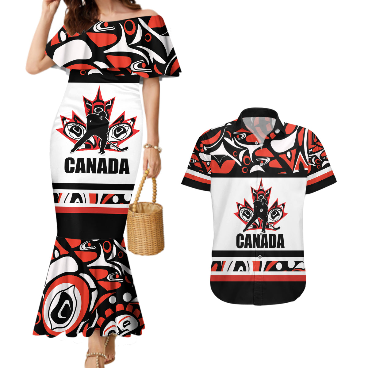 Canada Hockey 2024 Couples Matching Mermaid Dress and Hawaiian Shirt Haida Maple Leaf - Wonder Print Shop