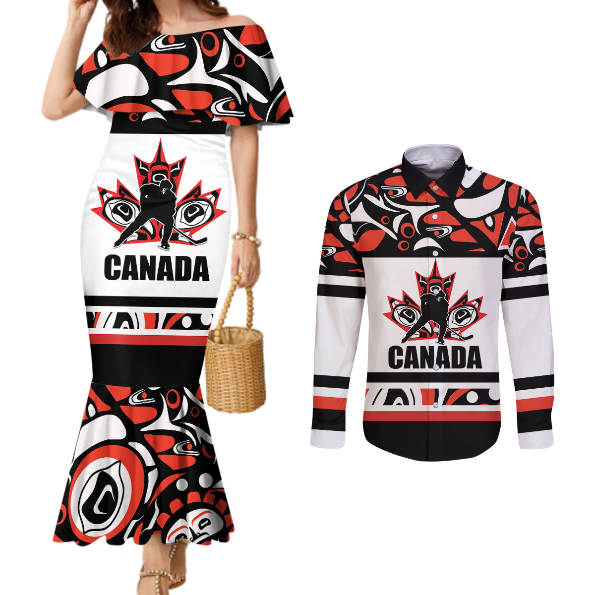 Canada Hockey 2024 Couples Matching Mermaid Dress and Long Sleeve Button Shirt Haida Maple Leaf