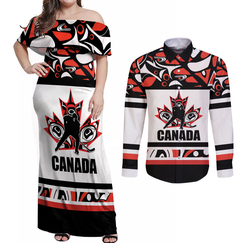 Canada Hockey 2024 Couples Matching Off Shoulder Maxi Dress and Long Sleeve Button Shirt Haida Maple Leaf - Wonder Print Shop