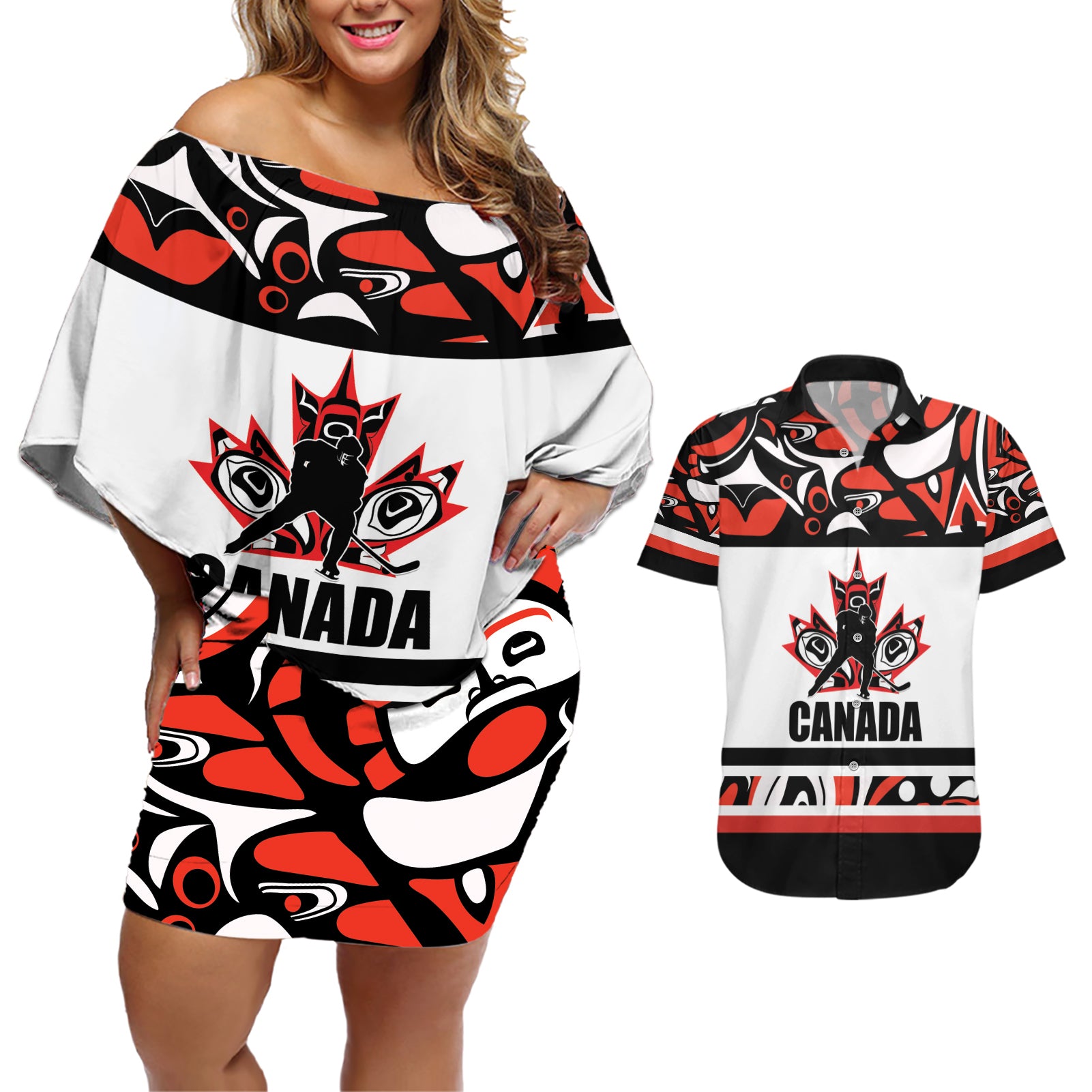 Canada Hockey 2024 Couples Matching Off Shoulder Short Dress and Hawaiian Shirt Haida Maple Leaf - Wonder Print Shop