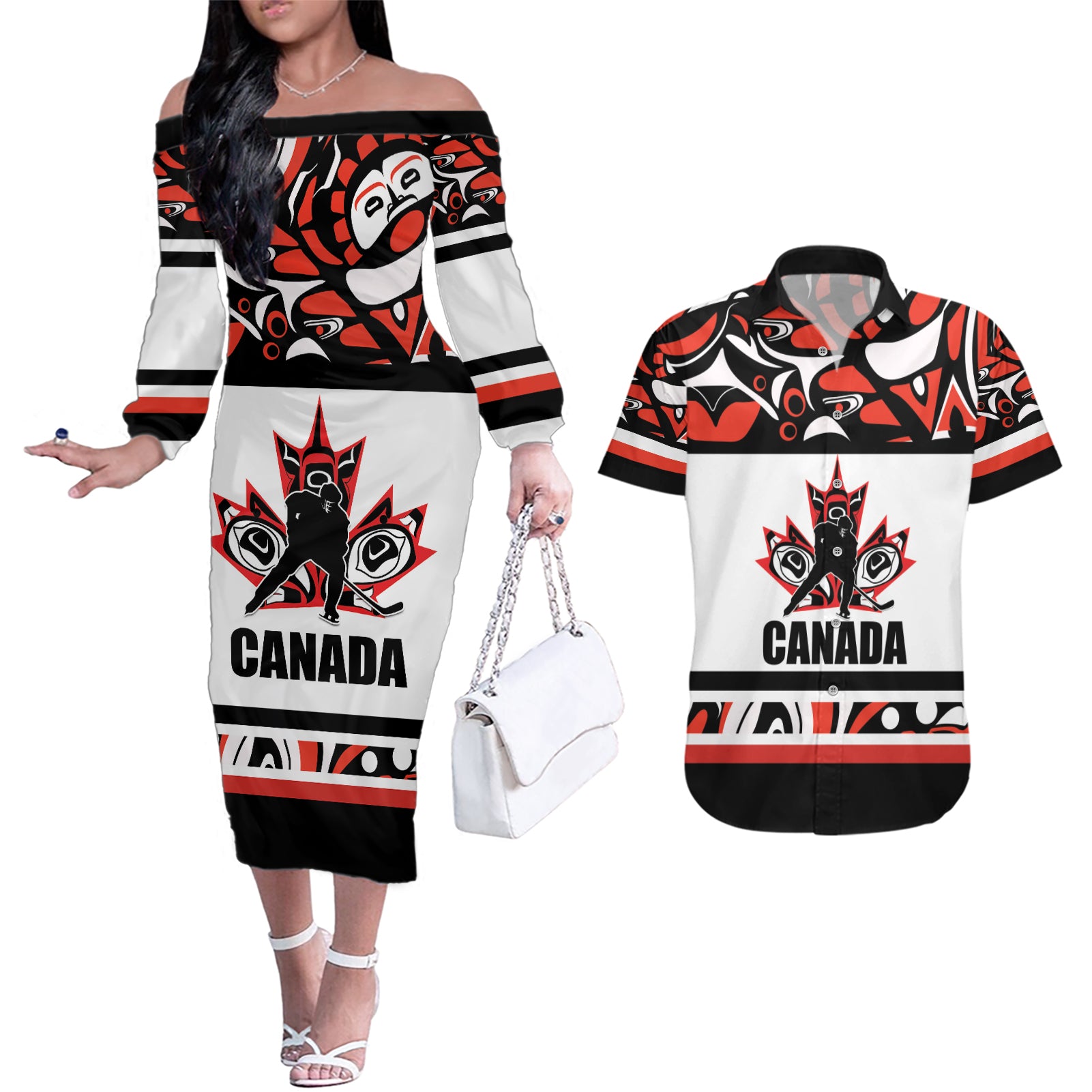 Canada Hockey 2024 Couples Matching Off The Shoulder Long Sleeve Dress and Hawaiian Shirt Haida Maple Leaf - Wonder Print Shop