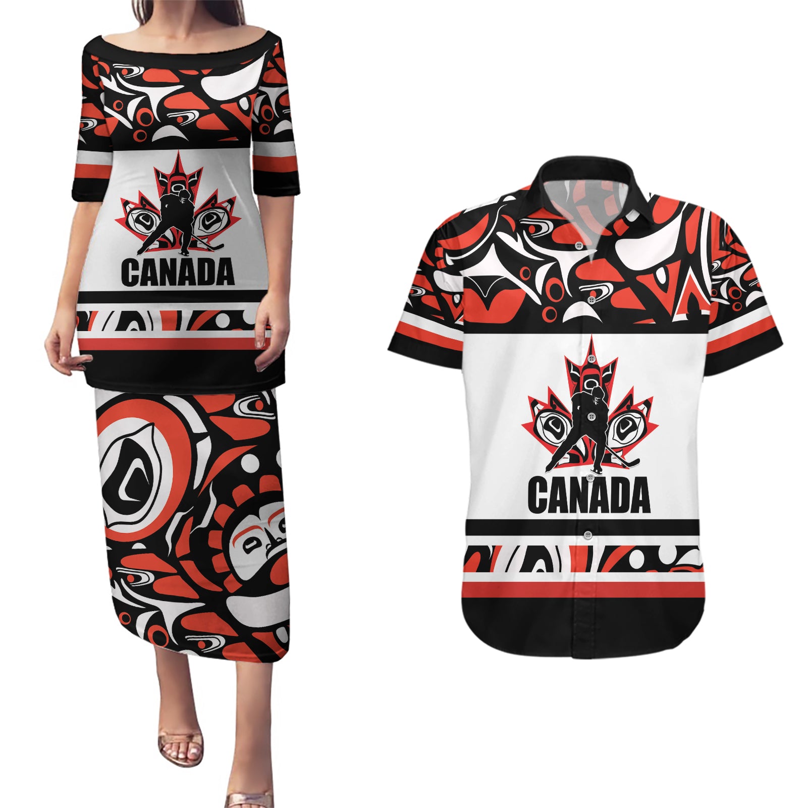 Canada Hockey 2024 Couples Matching Puletasi and Hawaiian Shirt Haida Maple Leaf - Wonder Print Shop