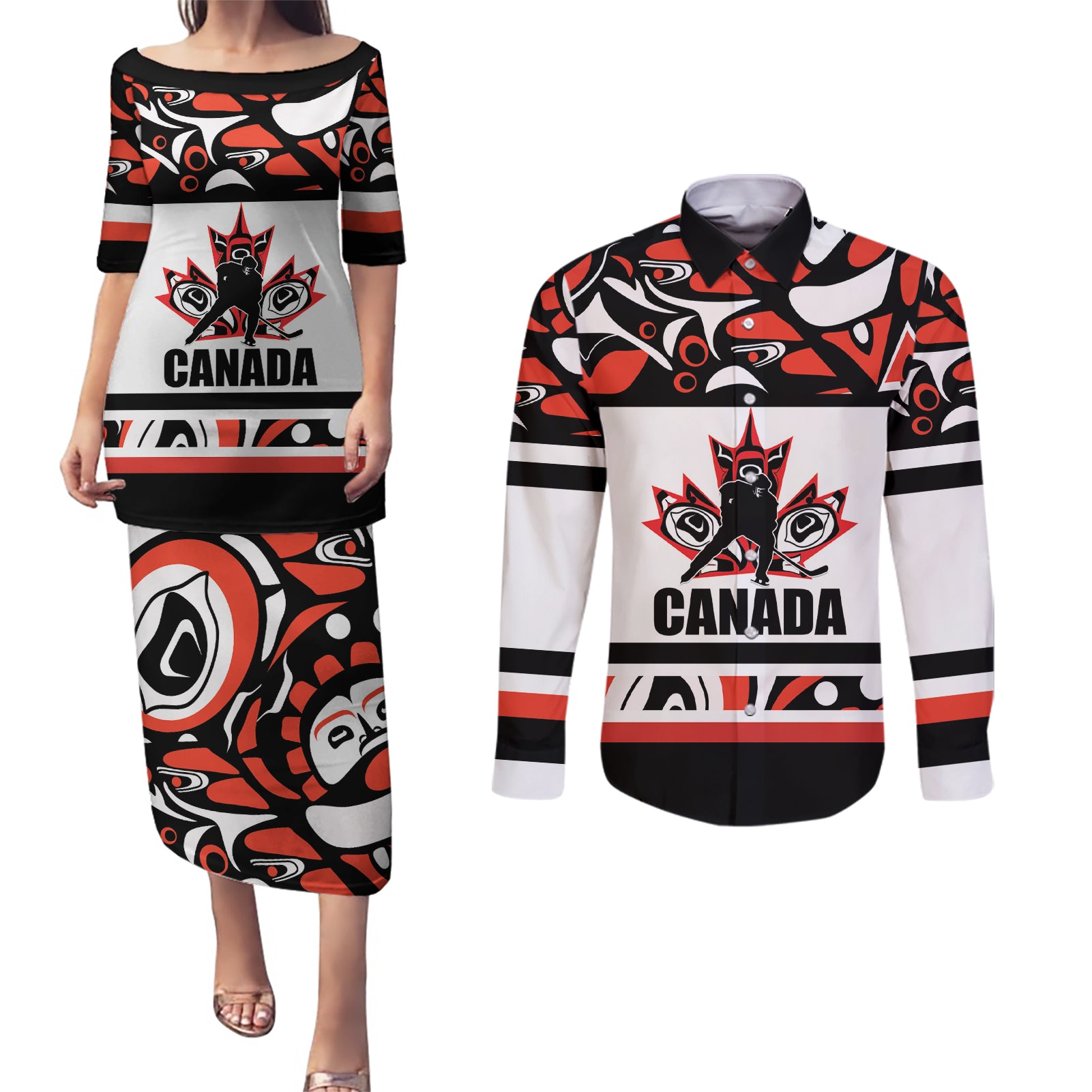 Canada Hockey 2024 Couples Matching Puletasi and Long Sleeve Button Shirt Haida Maple Leaf - Wonder Print Shop