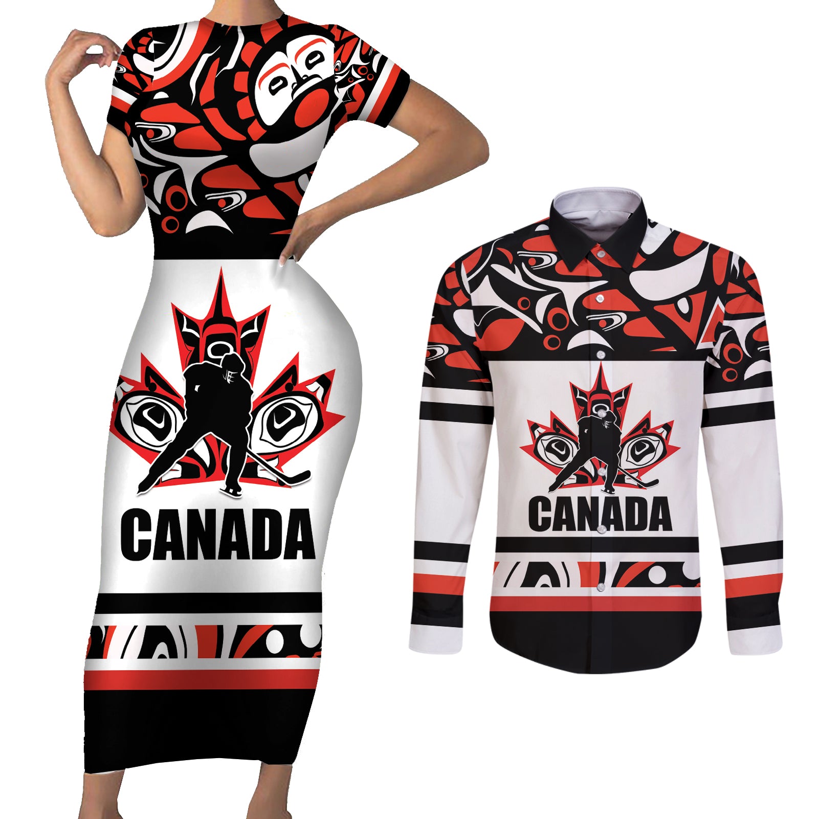 Canada Hockey 2024 Couples Matching Short Sleeve Bodycon Dress and Long Sleeve Button Shirt Haida Maple Leaf - Wonder Print Shop