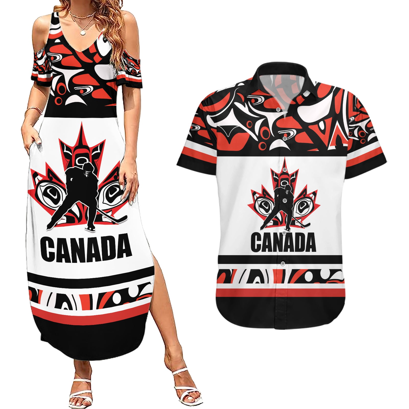 Canada Hockey 2024 Couples Matching Summer Maxi Dress and Hawaiian Shirt Haida Maple Leaf - Wonder Print Shop