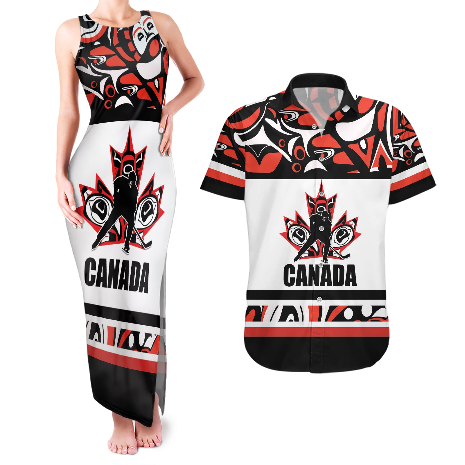 Canada Hockey 2024 Couples Matching Tank Maxi Dress and Hawaiian Shirt Haida Maple Leaf - Wonder Print Shop