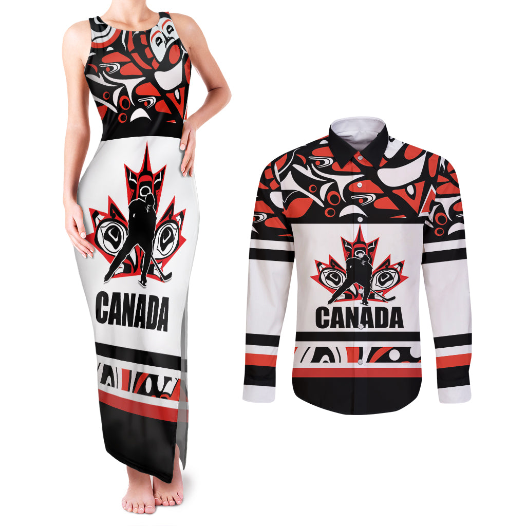 Canada Hockey 2024 Couples Matching Tank Maxi Dress and Long Sleeve Button Shirt Haida Maple Leaf - Wonder Print Shop