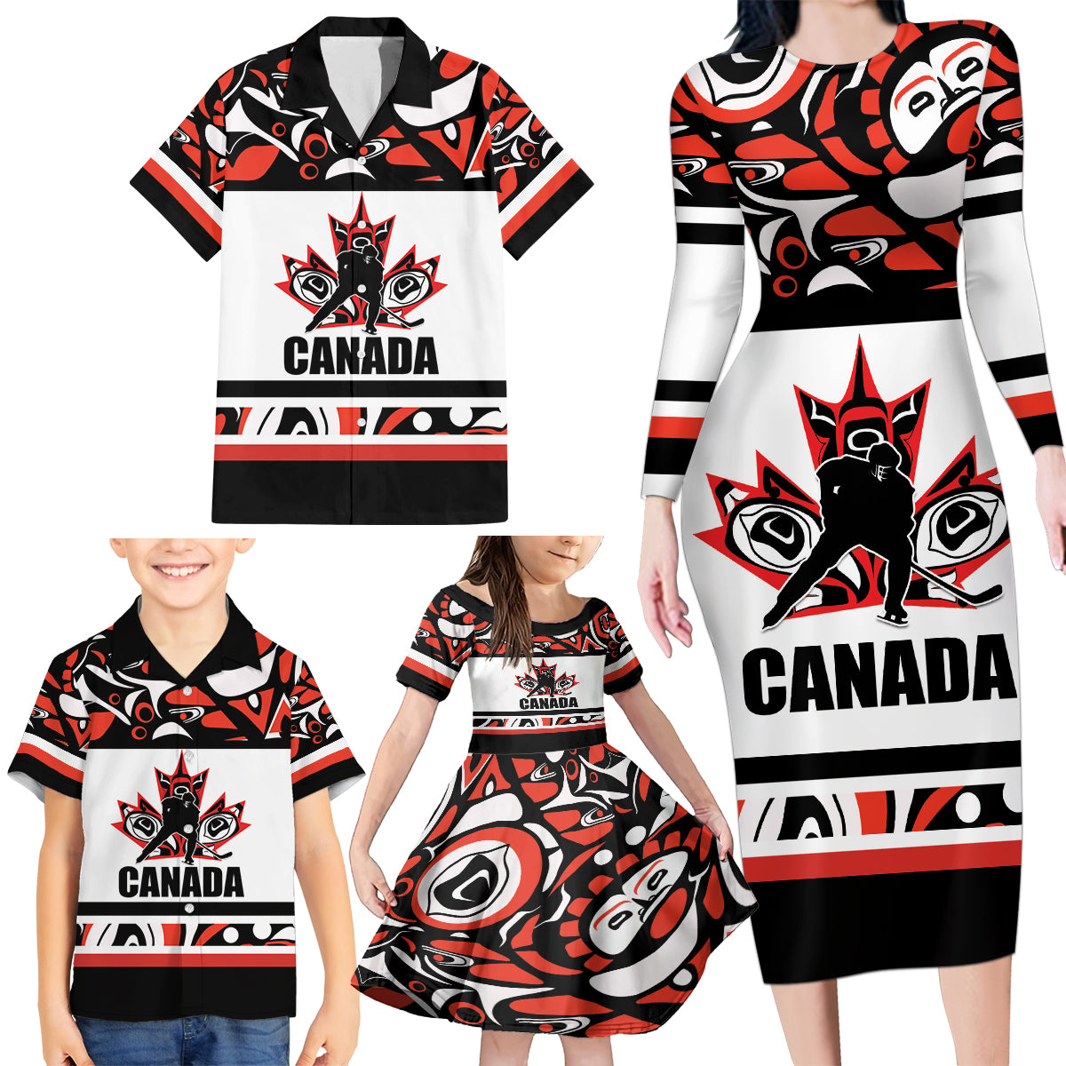 Canada Hockey 2024 Family Matching Long Sleeve Bodycon Dress and Hawaiian Shirt Haida Maple Leaf - Wonder Print Shop