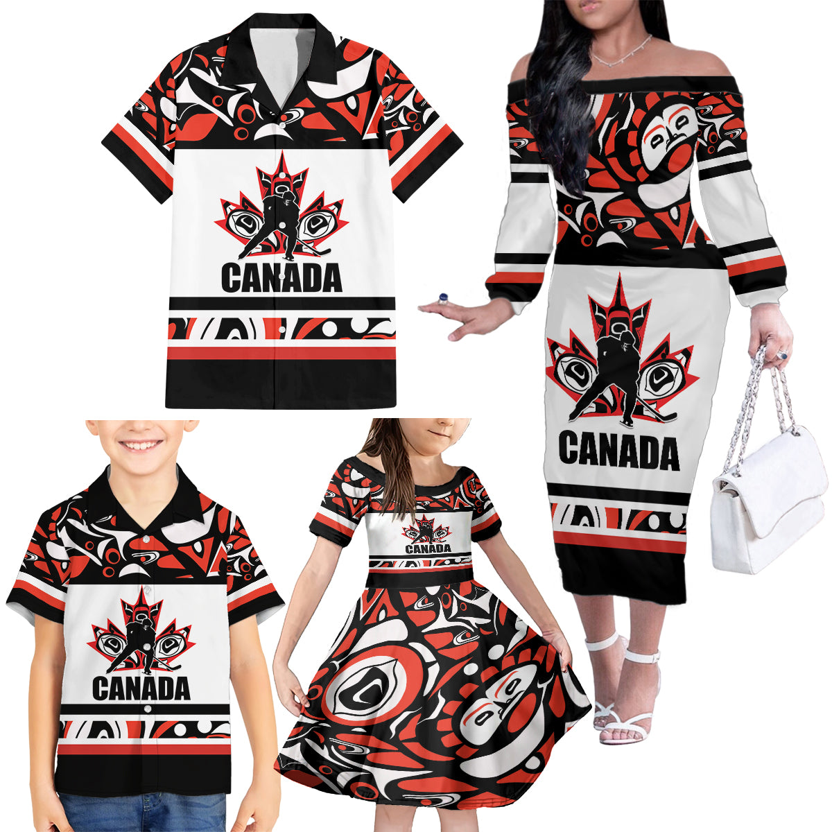 Canada Hockey 2024 Family Matching Off The Shoulder Long Sleeve Dress and Hawaiian Shirt Haida Maple Leaf - Wonder Print Shop