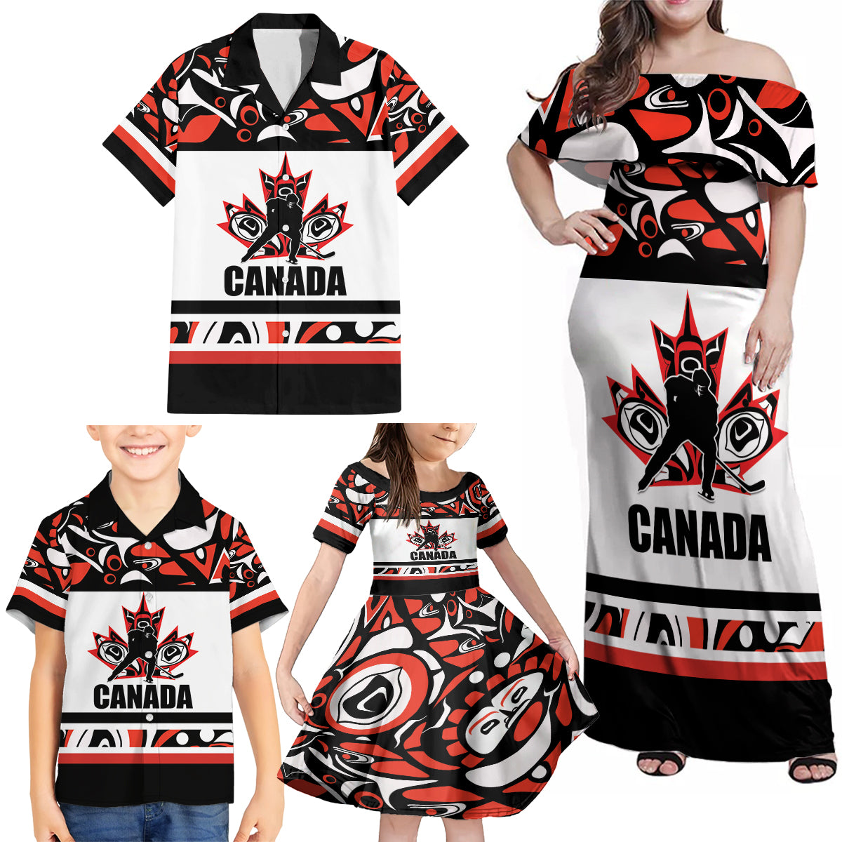 Canada Hockey 2024 Family Matching Off Shoulder Maxi Dress and Hawaiian Shirt Haida Maple Leaf - Wonder Print Shop