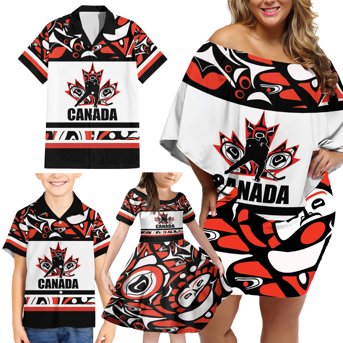 Canada Hockey 2024 Family Matching Off Shoulder Short Dress and Hawaiian Shirt Haida Maple Leaf - Wonder Print Shop