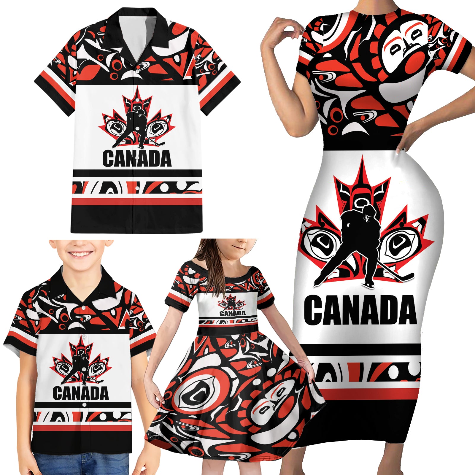 Canada Hockey 2024 Family Matching Short Sleeve Bodycon Dress and Hawaiian Shirt Haida Maple Leaf - Wonder Print Shop