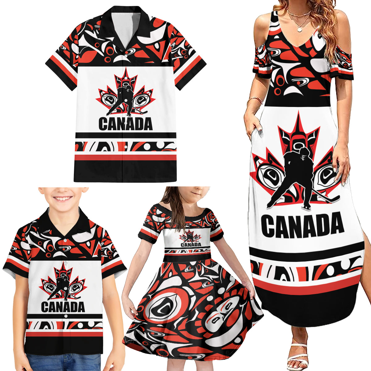 Canada Hockey 2024 Family Matching Summer Maxi Dress and Hawaiian Shirt Haida Maple Leaf - Wonder Print Shop