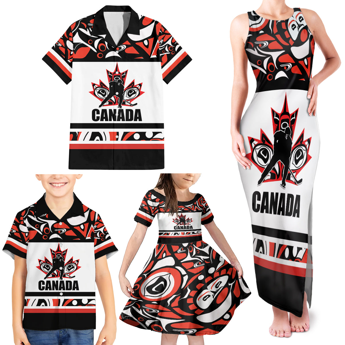 Canada Hockey 2024 Family Matching Tank Maxi Dress and Hawaiian Shirt Haida Maple Leaf - Wonder Print Shop