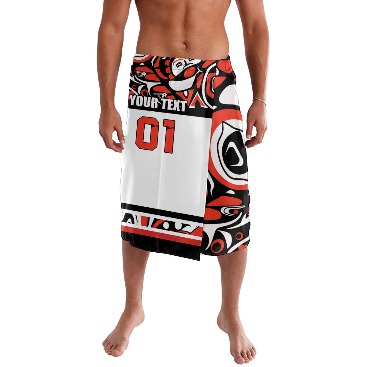 Men's white board shorts with bold red and black abstract print, number 01