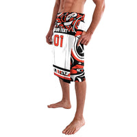 Men's board shorts with red and black abstract panel print on white, side view