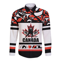 Canada long-sleeve button shirt with Haida pattern and CANADA logo, black/red/white