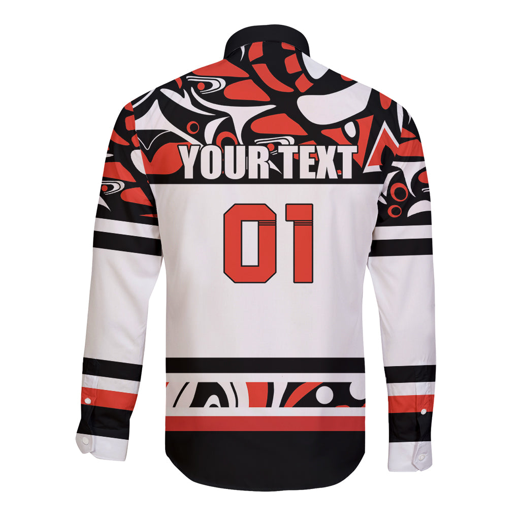 Long-sleeve button shirt back with Haida pattern, YOUR TEXT and 01, black/red/white