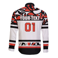 Long-sleeve button shirt back with Haida pattern, YOUR TEXT and 01, black/red/white