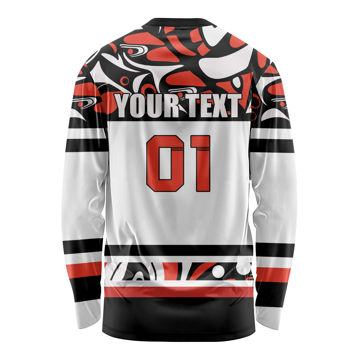 Back of white long sleeve hockey shirt with black-red pattern, YOURTEXT and 01