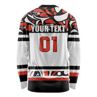 Back of white long sleeve hockey shirt with black-red pattern, YOURTEXT and 01