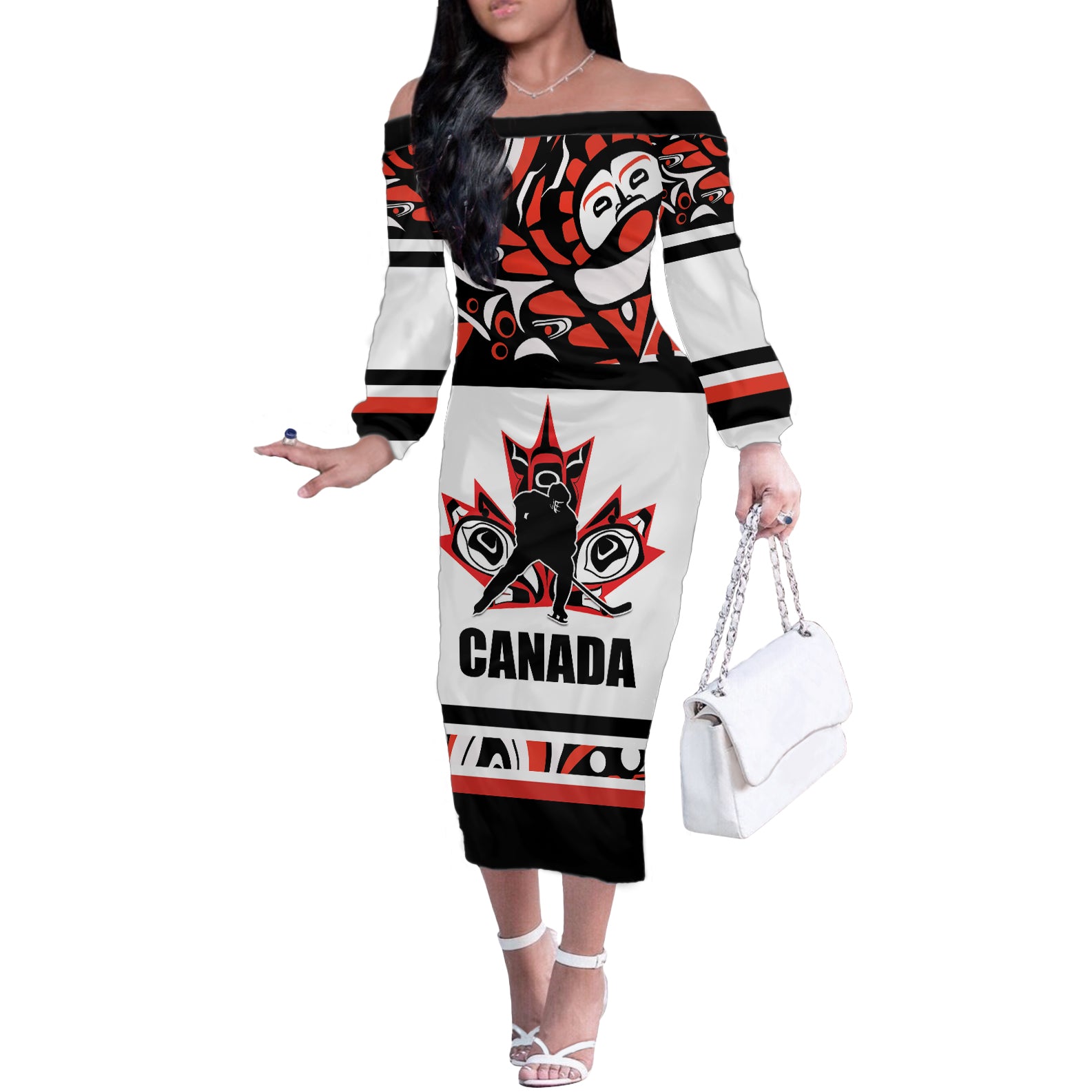 Canada Hockey 2024 Off The Shoulder Long Sleeve Dress Haida Maple Leaf - Wonder Print Shop