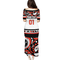 Long hockey-style dress, back text YOUR TEXT and number 01 on white/red/black graphics