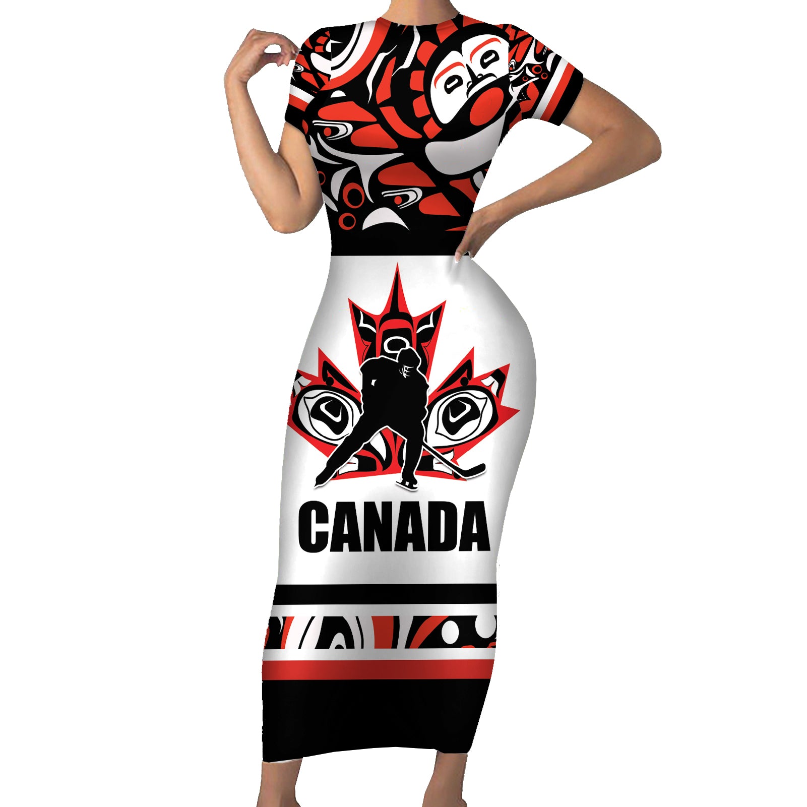 Canada Hockey 2024 Short Sleeve Bodycon Dress Haida Maple Leaf