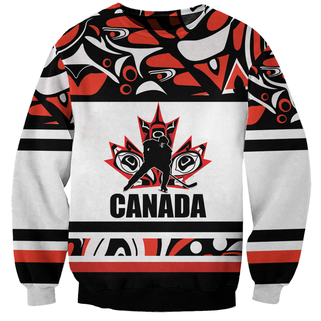Unisex white sweatshirt with black/red graphic, Canada text, striped sleeves