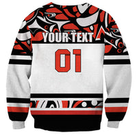 Unisex white sweatshirt with black/red abstract pattern, 'YOUR TEXT' and 01 print
