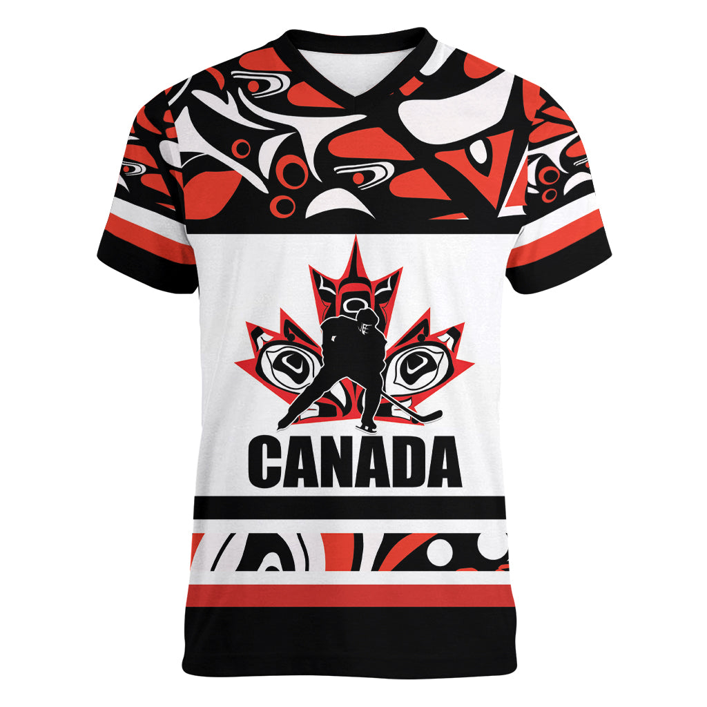 Canada Hockey 2024 Women V-Neck T-Shirt Haida Maple Leaf