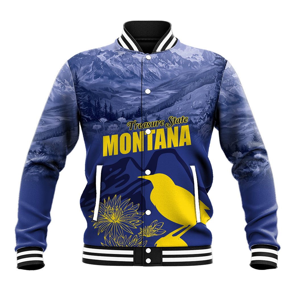 Unisex blue baseball jacket with Montana graphic, bird and fireworks, striped rib trim