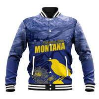 Unisex blue baseball jacket with Montana graphic, bird and fireworks, striped rib trim