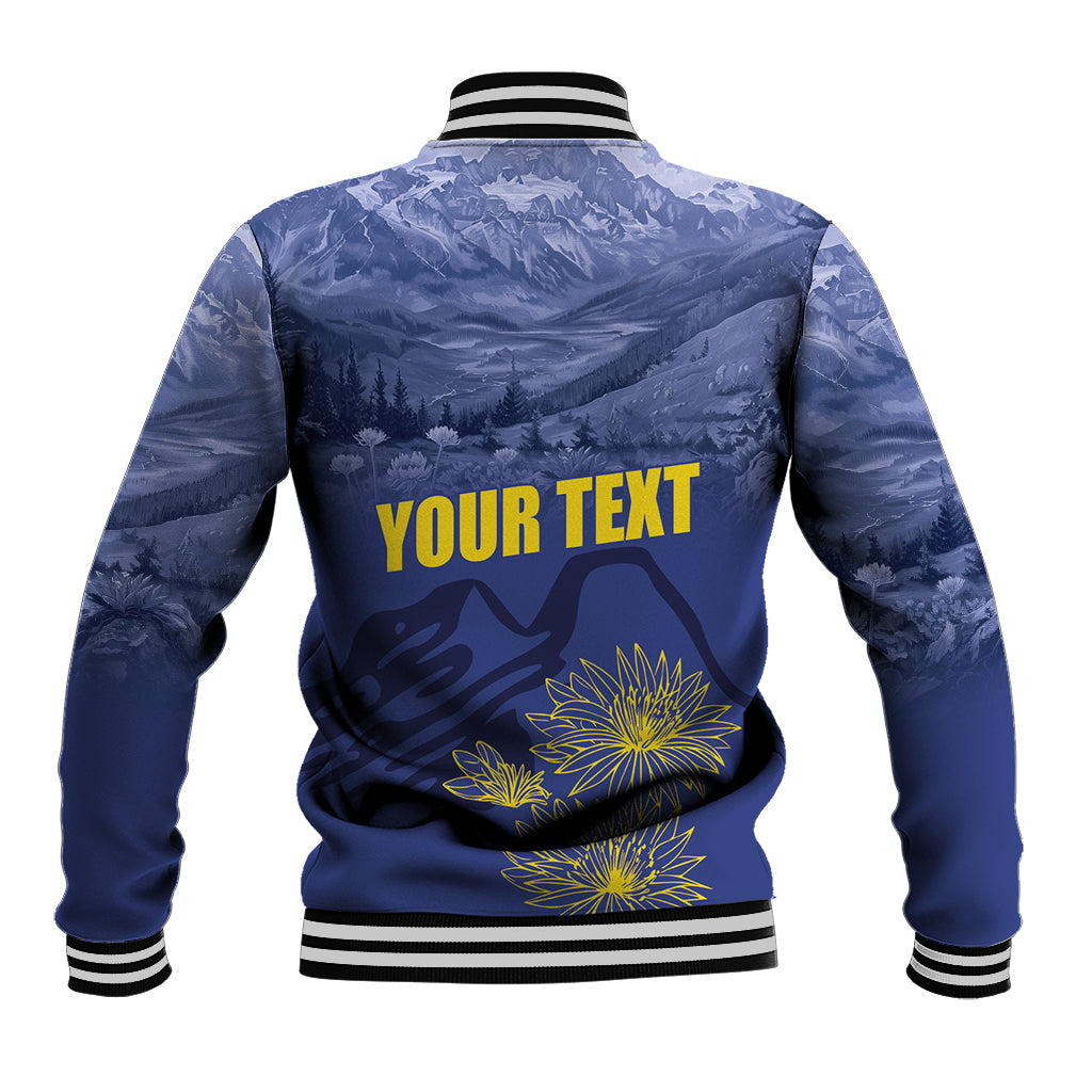 Unisex blue baseball jacket back print with 'YOUR TEXT', bird silhouette and fireworks