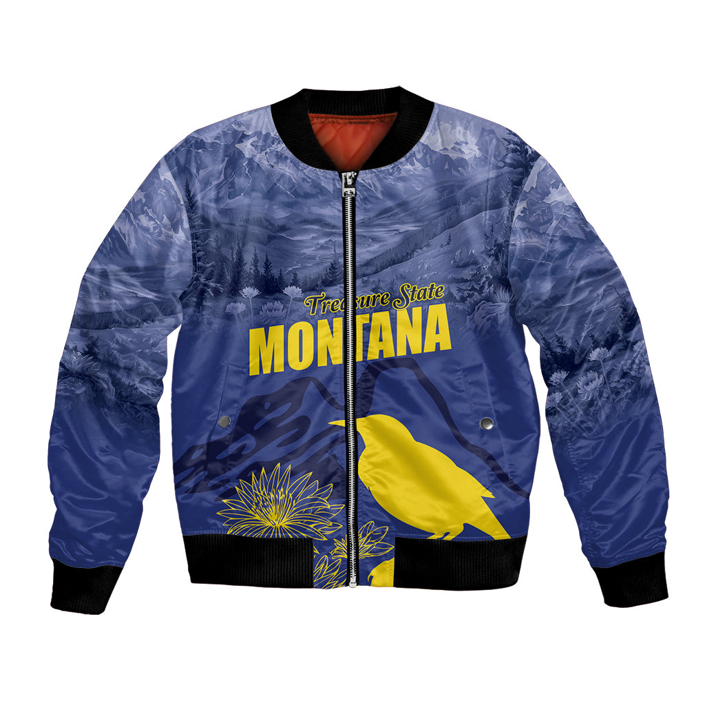Blue bomber jacket with full-zip front, black ribbed cuffs, and Montana graphic patch