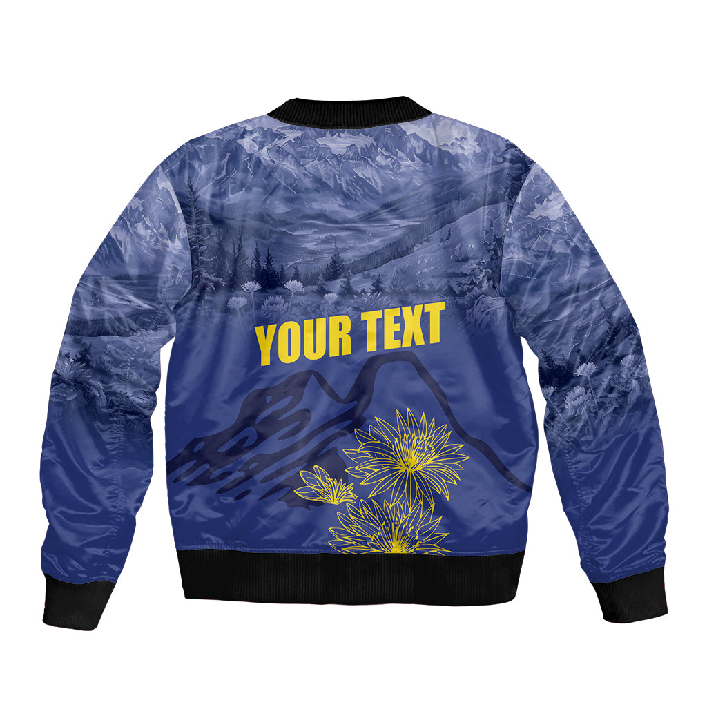Blue bomber jacket back graphic with YOUR TEXT, gold fireworks, and black ribbed hem