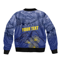 Blue bomber jacket back graphic with YOUR TEXT, gold fireworks, and black ribbed hem