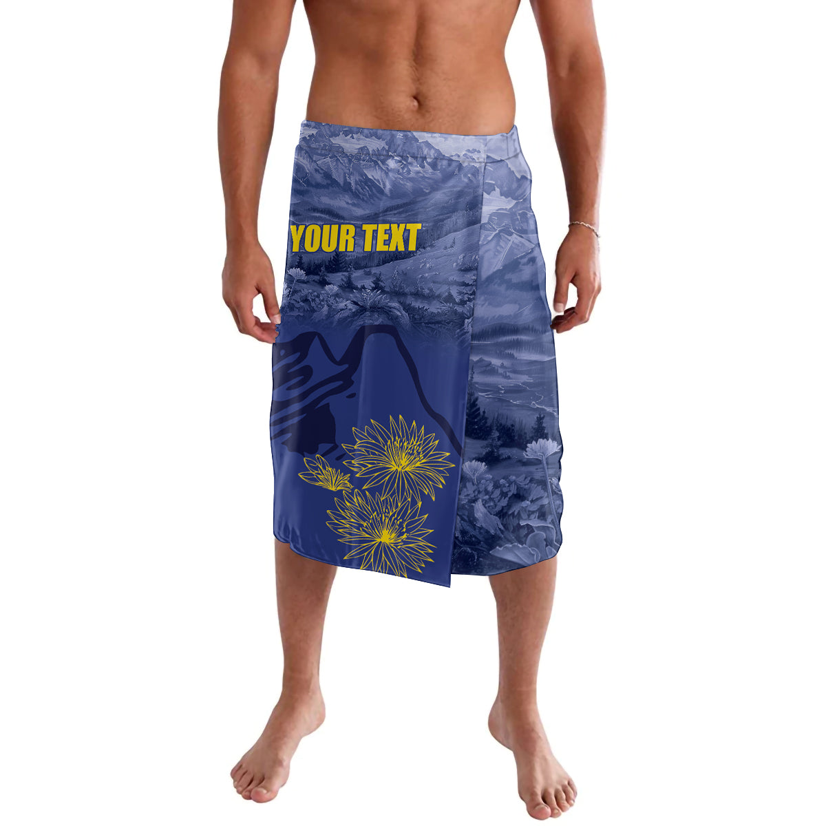 Blue knee-length board shorts with mountain print and yellow flower graphic, 'YOUR TEXT'