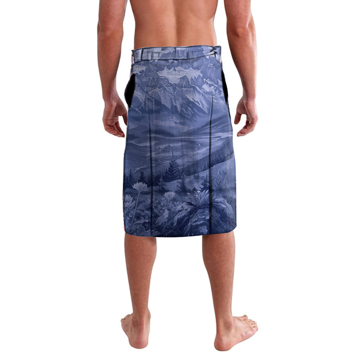 Blue knee-length board shorts with allover mountain and forest print