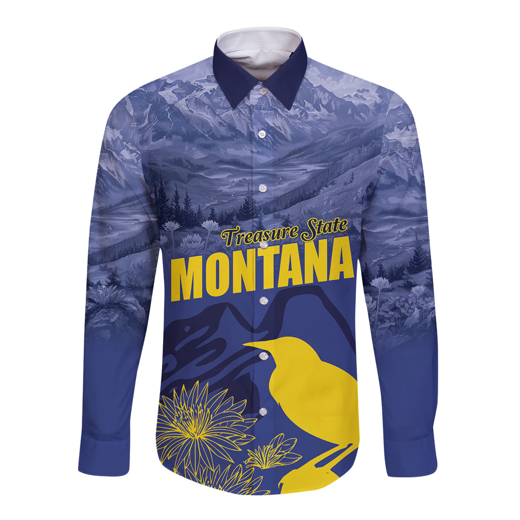 Unisex blue long-sleeve button shirt with Montana logo, yellow bird and landscape print