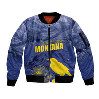 Blue zip-up bomber jacket with ribbed cuffs and Treasure State Montana front graphic