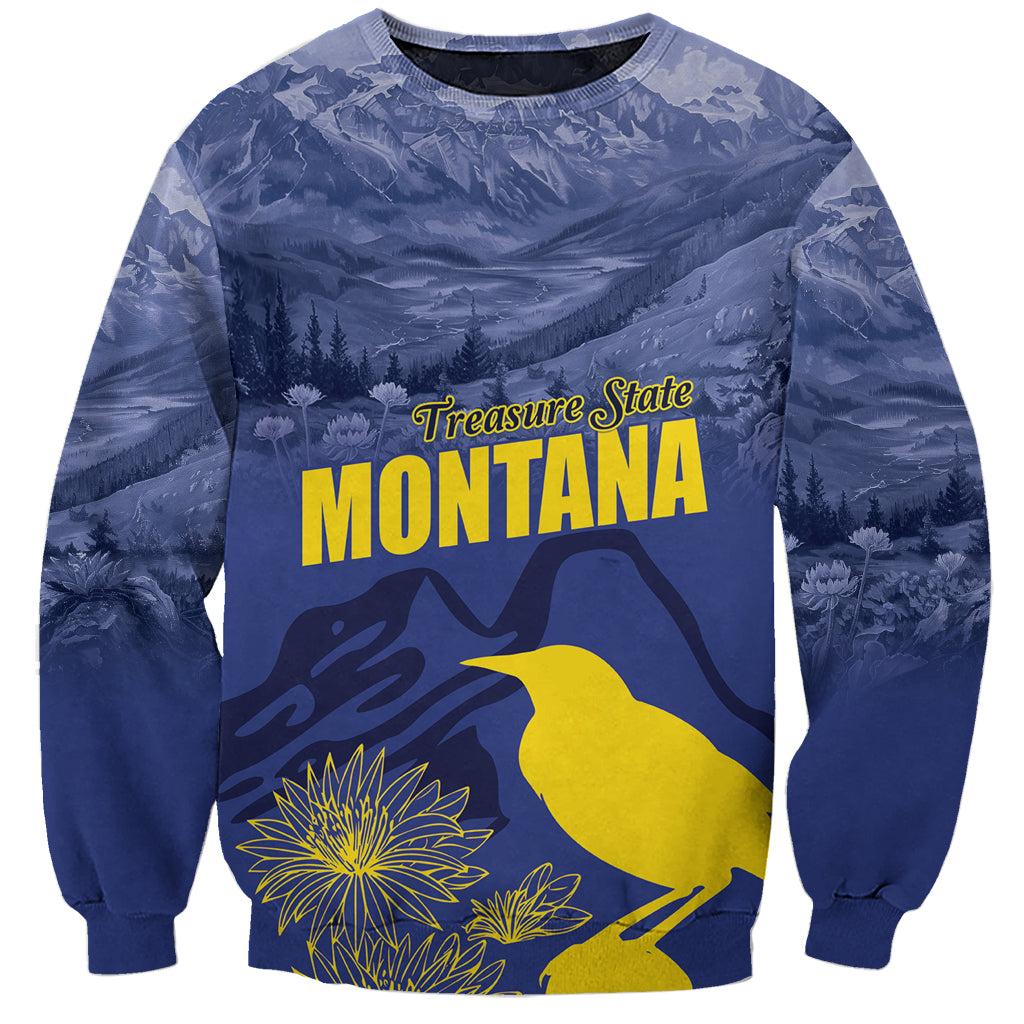 Unisex blue crewneck sweatshirt with 'Treasure State MONTANA' text, yellow bird and flowers