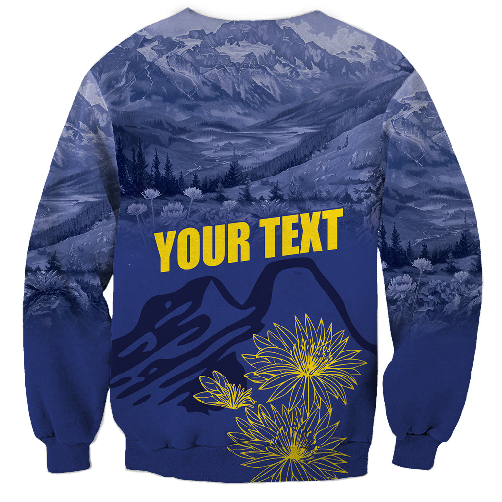 Unisex blue crewneck sweatshirt with yellow 'YOUR TEXT' mountain and bird graphic