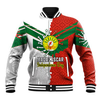 Unisex baseball jacket with red, green, and white graphic panel and striped rib trim