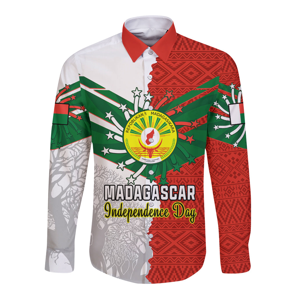 Unisex long-sleeve button shirt with red, white, and green graphic panel print